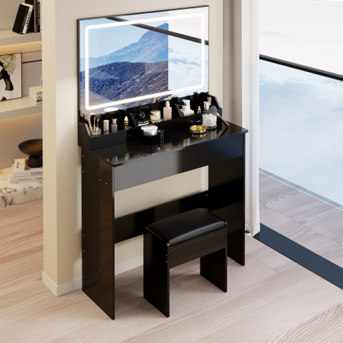31" x 20" Extra Large LED Mirror Makeup Vanity Table + Soft Cushion Stool Suit, Touch Switch, 3 colors, Adjustable Brightness, Large Capacity Storage, Compact Dressing Table Suitable For Small Space