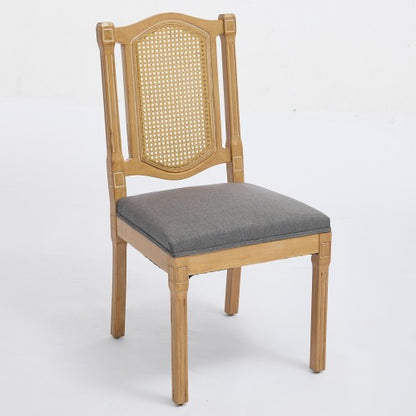 Set of 2 Gray All-Solid Wood Rattan Back Dining Chairs, S-Spring Matte Linen Cushion Rustic Caf¨¦ Side Chairs