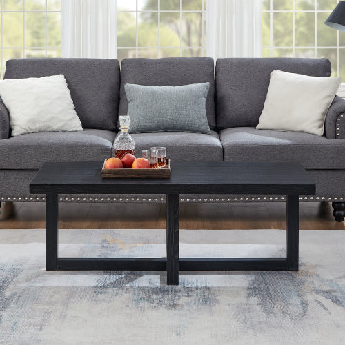 Contemporary Rectangular Coffee Table Black Cross Base Wood Finish
