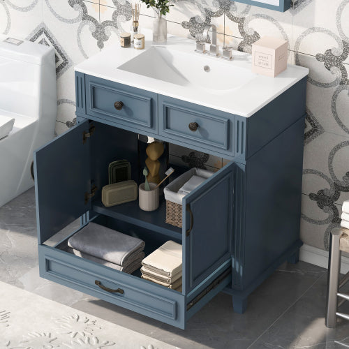 30'' Bathroom Vanity with Ceramic Sink,Solid Wood Frame Bathroom Storage Cabinet with Soft Closing Doors,Retro Style, Blue