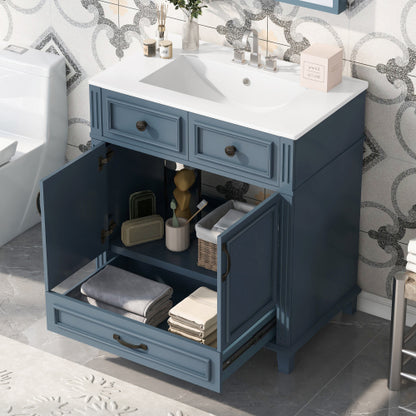 30'' Bathroom Vanity with Ceramic Sink,Solid Wood Frame Bathroom Storage Cabinet with Soft Closing Doors,Retro Style, Blue