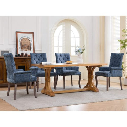 Upholstered Chenille Arm Dining Chair, Tufted Accent Chair with Curved Solid Wood Legs, Blue, Single Pack