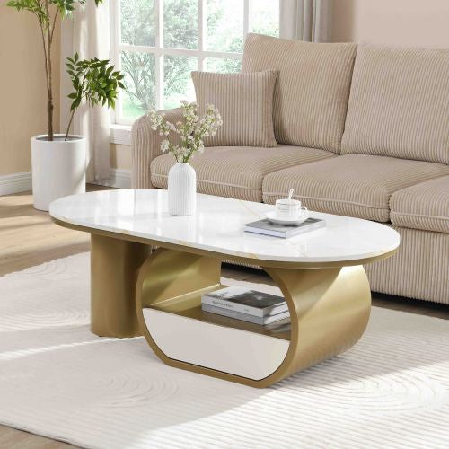 47.24inch  Oval Faux Marble Coffee Table with Drawer