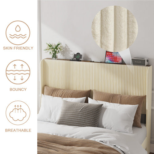 Queen Size Platform Bed , Metal Bed Frame with Charging Station, No Box Spring Needed, (Beige), Noise Free,Easy Assemble.
