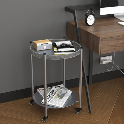 2-Tier Movable Round Side Table with Lockable Wheels