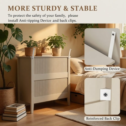 32inch Beige Fluted 3-Drawer Nightstand