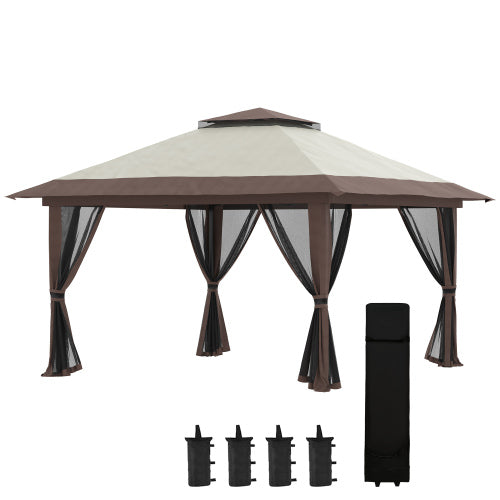 13' x 13' Pop Up Gazebo with Netting, Instant Canopy Tent Shelter with 2-Tier Roof, Wheeled Carry Bag, Water/Sand Bags for Outdoor, Garden, Parties, Beige
