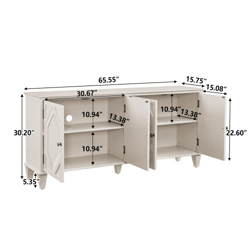 65.2 inch Mid Century Modern Sideboard Buffet Cabinet with Storage, Symmetrical Geometric Accent Coffee Bar Wine Bar Storage Cabinet, Large Console Table for Living Room/Entryway/Kitchen, Antique White