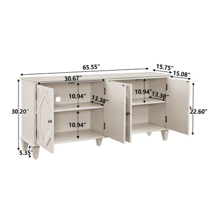 65.2 inch Mid Century Modern Sideboard Buffet Cabinet with Storage, Symmetrical Geometric Accent Coffee Bar Wine Bar Storage Cabinet, Large Console Table for Living Room/Entryway/Kitchen, Antique White