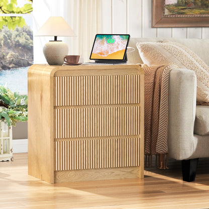 Natural Fluted 3-Drawer Nightstand with Charging Station, Mid-Century USB Bedside Table