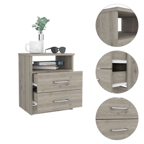 Light Gray Nightstand with 2 Drawers and Open Shelf, Modern Bedside Table