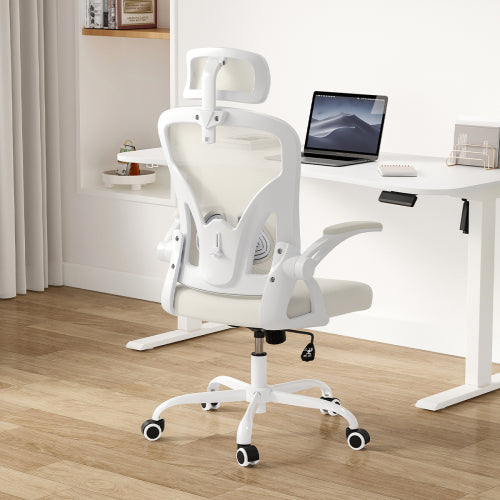 Ergonomic Office Chair, Home Office Desk Chair with Headrest, High Back Computer Chair with Armrests and Adjustable Lumbar Support for Home Office Study Room,White & White