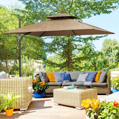 Outsunny 10ft Offset Patio Umbrella with Base, Double Top Hanging Aluminum Cantilever Umbrella with 360-degree Rotation, Easy Tilt, 8 Ribs, Crank, Cross Base, Cover, Strap, Coffee