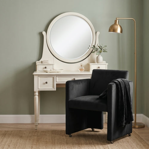 Velvet Upholstered Barrel Dining Armchair with Wood Frame, Black