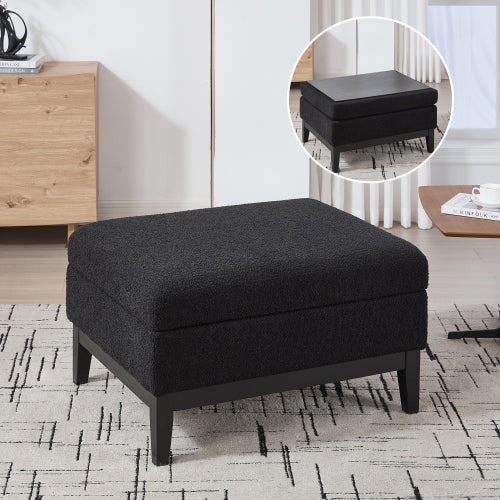 33.86 inch Black Boucle Square Storage Ottoman, Reversible Tray Lid Rubberwood Leg Footstool, 300 LBS