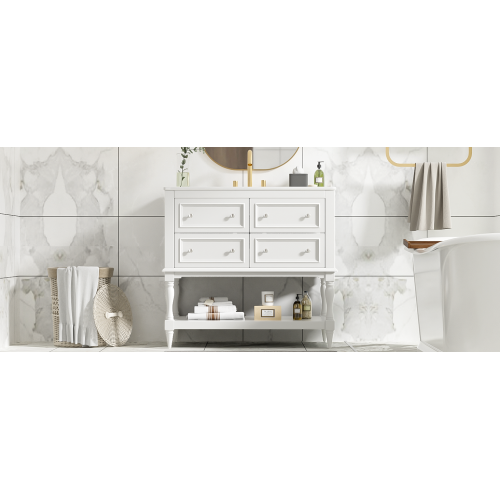 36" Bathroom Vanity Cabinet with Sink Combo Set, Undermount Ceramic Sink, Free Standing Vanity Set with 4 Drawers, Solid Wood Frame Bathroom Cabinet, White
