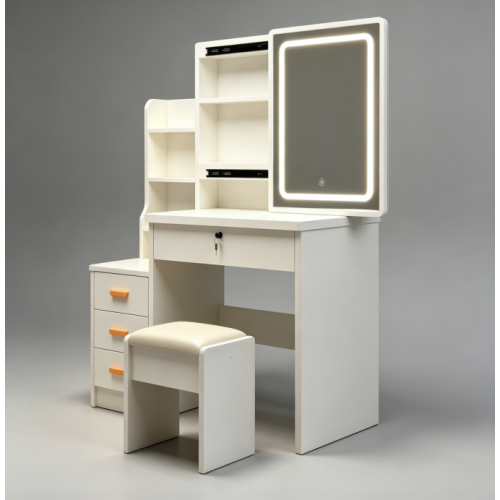 White Modern Vanity Set with LED Mirror, Cushioned Stool, Sliding Glass Door, 3 Lighting Modes, Bedroom Dressing Table