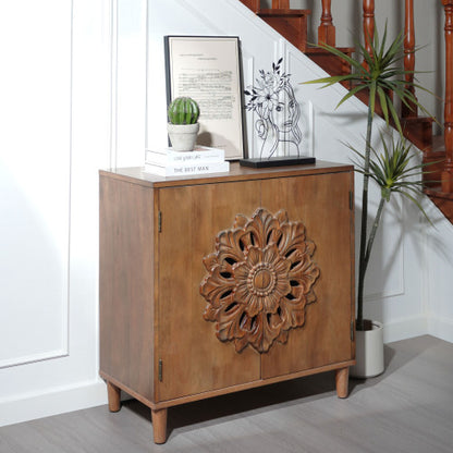 Rustic Hand-Carved Floral 2-Door Wooden Cabinet Bohemian Style Solid Wood Leg Storage Sideboard For Home Decor