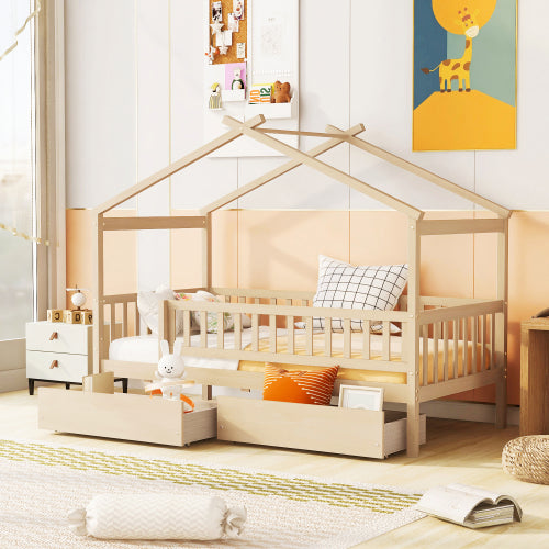 Twin Size Wooden House Bed with Two Drawers, Natural