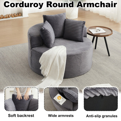 43 inch  Round Corduroy Single Lounge Chair, Minimalist Style with 3 Pillows