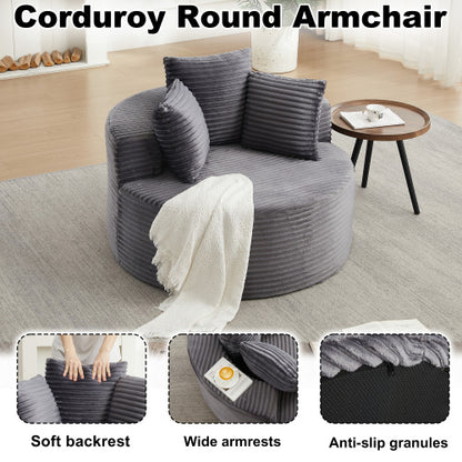 43 inch  Round Corduroy Single Lounge Chair, Minimalist Style with 3 Pillows