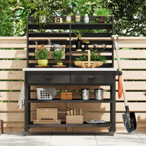 K&K 64.9"H Outdoor Potting Bench Table with Lockable Wheels, Solid Wood Outdoor Kitchen Island with Upper Hutch, Stainless Steel Top, Towel Rack ,Outdoor Storage for Grilling, Lawn Garden -Black