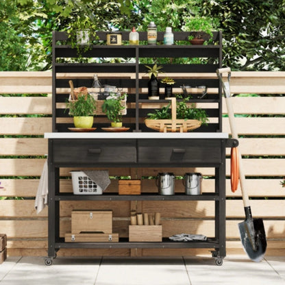 K&K 64.9"H Outdoor Potting Bench Table with Lockable Wheels, Solid Wood Outdoor Kitchen Island with Upper Hutch, Stainless Steel Top, Towel Rack ,Outdoor Storage for Grilling, Lawn Garden -Black