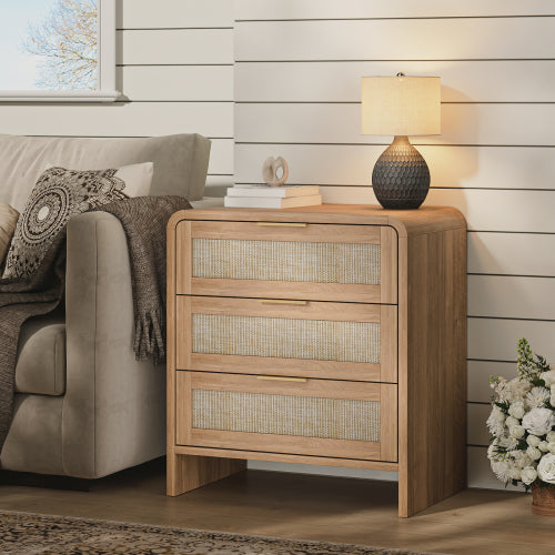 Rattan Nightstand with 3 Drawers, 22.8inch  Wide Curved Wooden Bedside Table, Modern Storage for Bedroom, Caramel Oak.