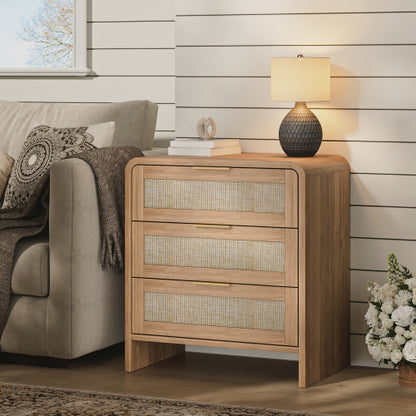 Rattan Nightstand with 3 Drawers, 22.8inch  Wide Curved Wooden Bedside Table, Modern Storage for Bedroom, Caramel Oak.