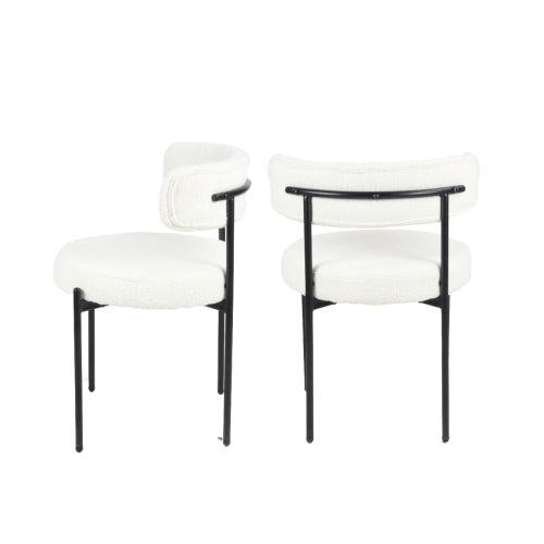 2-Piece  Modern Round Boucle Dining Chairs, White Boucle Upholstered Side Chairs with Matte Black Iron Legs for Dining Room