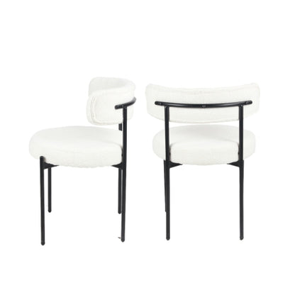 2-Piece  Modern Round Boucle Dining Chairs, White Boucle Upholstered Side Chairs with Matte Black Iron Legs for Dining Room