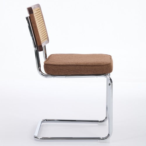Set of 2 Coffee Cane Back Cantilever Dining Chairs, Linen Upholstered Chrome Double Steel Pipe Base 360 LBS Capacity