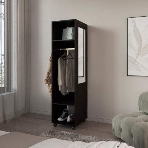 Armoire 63"H, with 3 Shelves, 1 Mirror, and 4 Wheels, Black
