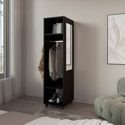 Armoire 63"H, with 3 Shelves, 1 Mirror, and 4 Wheels, Black