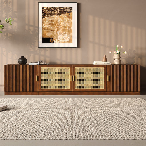 78.7 Inch Walnut TV Stand with Rattan Doors & Adjustable Shelves for 85 Inch TV