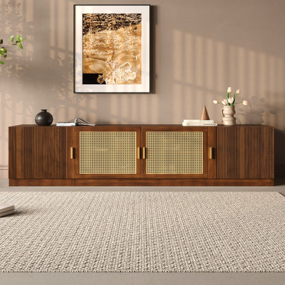 78.7 Inch Walnut TV Stand with Rattan Doors & Adjustable Shelves for 85 Inch TV