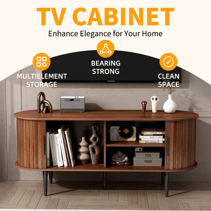Walnut Modern Sliding Door TV Stand 47 Inch Living Room Entertainment Console Table