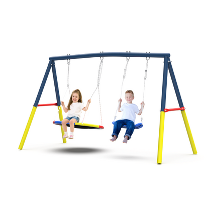 Swing Set for Backyard, 330lbs Swing Set with Heavy-Duty A-Frame Metal Outdoor Swing Stand, 1 Saucer Swing Seat & 1 Belt Swings Seat