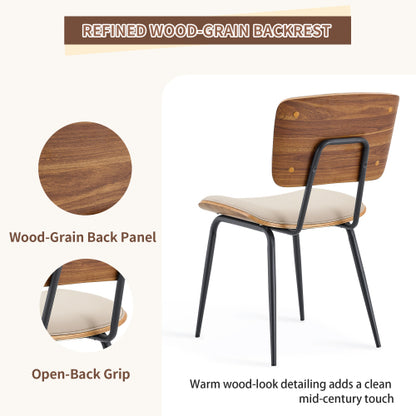 Mid-Century Faux Leather Dining Chairs Set of 2, Walnut Veneer Backrest & Metal Legs, White