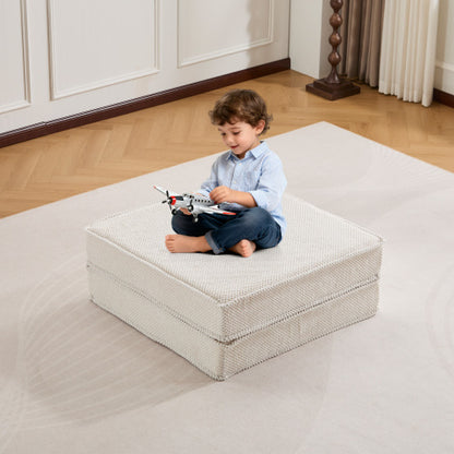 White Circle Fleece Modular Ottoman, No-Assembly Compression Convertible Floor Sofa Footstool for Small Spaces