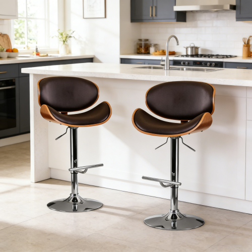Modern Contemporary Swivel Walnut Bentwood Lift Adjustable Height Bar Stool with Curved Seat and Back (black)
