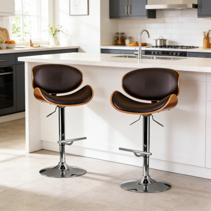 Modern Contemporary Swivel Walnut Bentwood Lift Adjustable Height Bar Stool with Curved Seat and Back (black)