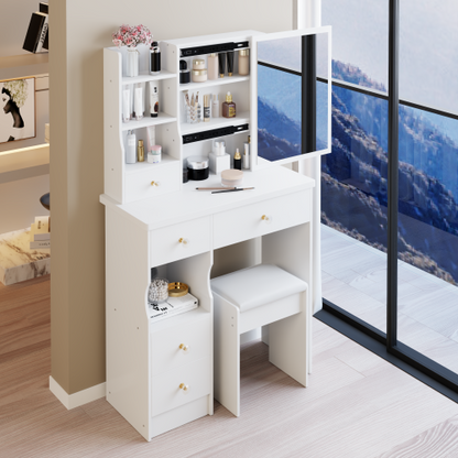 29.2" Small Space Left Drawer Desktop Vanity Table + Cushioned Stool, Extra Large Right sliding mirror, Multi Layer High Capacity Storage, Practical Fashionable Dresser, EPA, GCC, UL Certificate