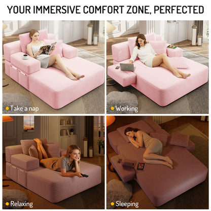Oversized Baby Pink Corduroy Convertible Sofa Bed w/Storage Pockets