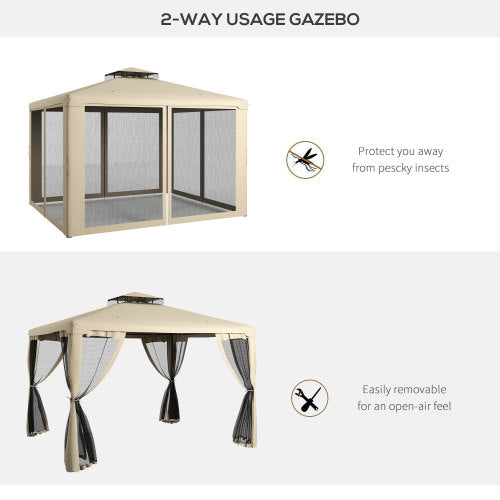 Outsunny 9.6' x 11.6' Patio Gazebo, Outdoor Canopy Shelter with 2-Tier Roof and Netting, Steel Frame for Garden, Lawn, Backyard, and Deck, Taupe