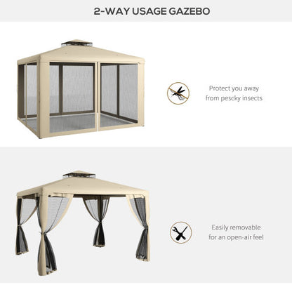 Outsunny 9.6' x 11.6' Patio Gazebo, Outdoor Canopy Shelter with 2-Tier Roof and Netting, Steel Frame for Garden, Lawn, Backyard, and Deck, Taupe
