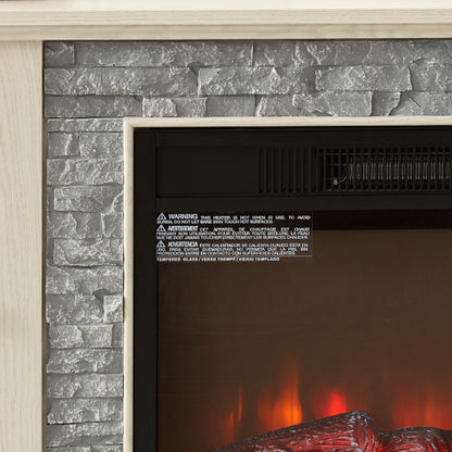 70 Inch TV Stand with 23 Inch Electric Fireplace Faux Stone White Console