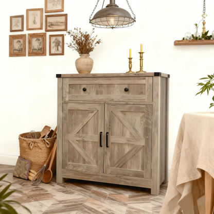 Light Gray-Washed Wood Farmhouse Barn-Door Storage Cabinet, Coffee Bar Buffet Sideboard with Drawer for Kitchen & Living Room