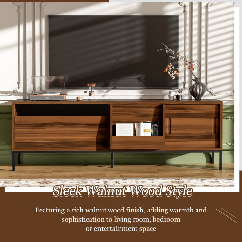 Modern 75 Inch TV Stand with Sliding Doors Walnut Media Console