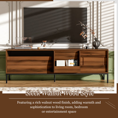 Modern 75 Inch TV Stand with Sliding Doors Walnut Media Console